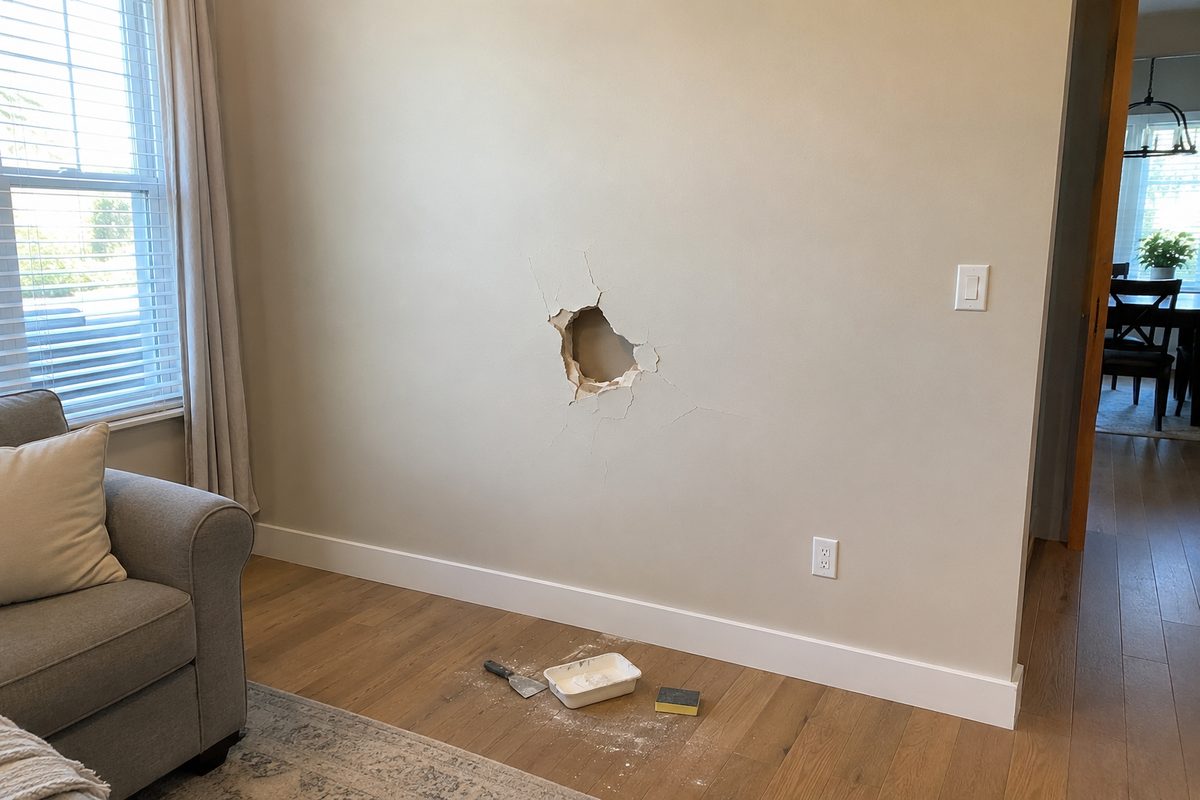 Before: damaged drywall