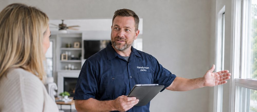 Handyman Jacks pro walking a project with a homeowner