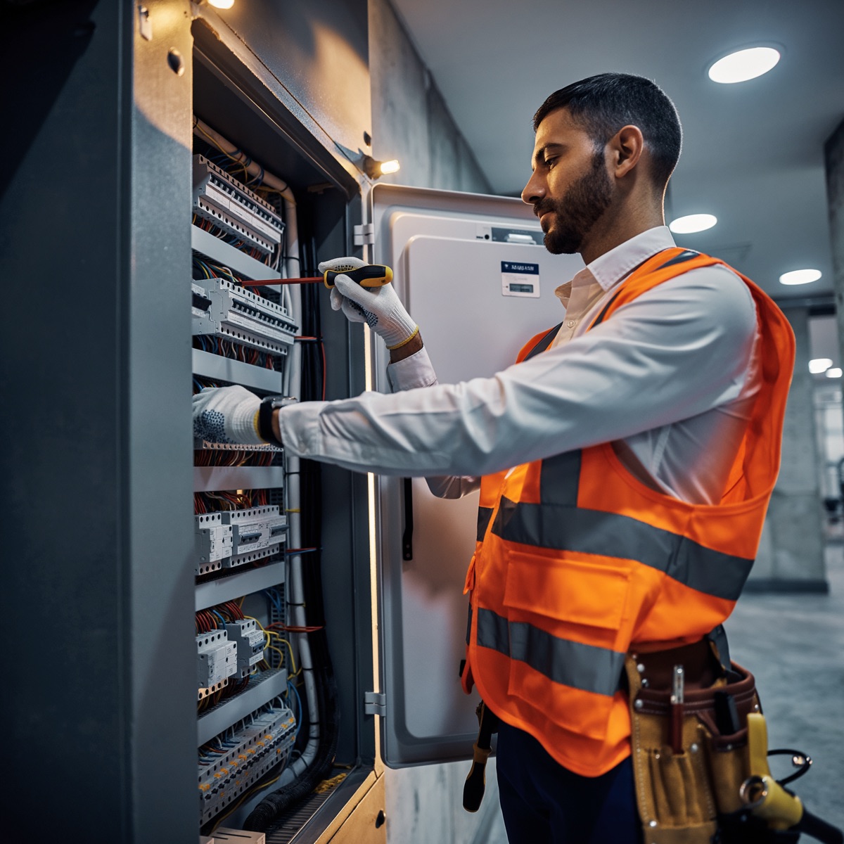 Electrician working in a breaker panel