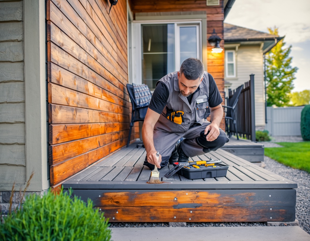 Pro staining a wood deck outside a home