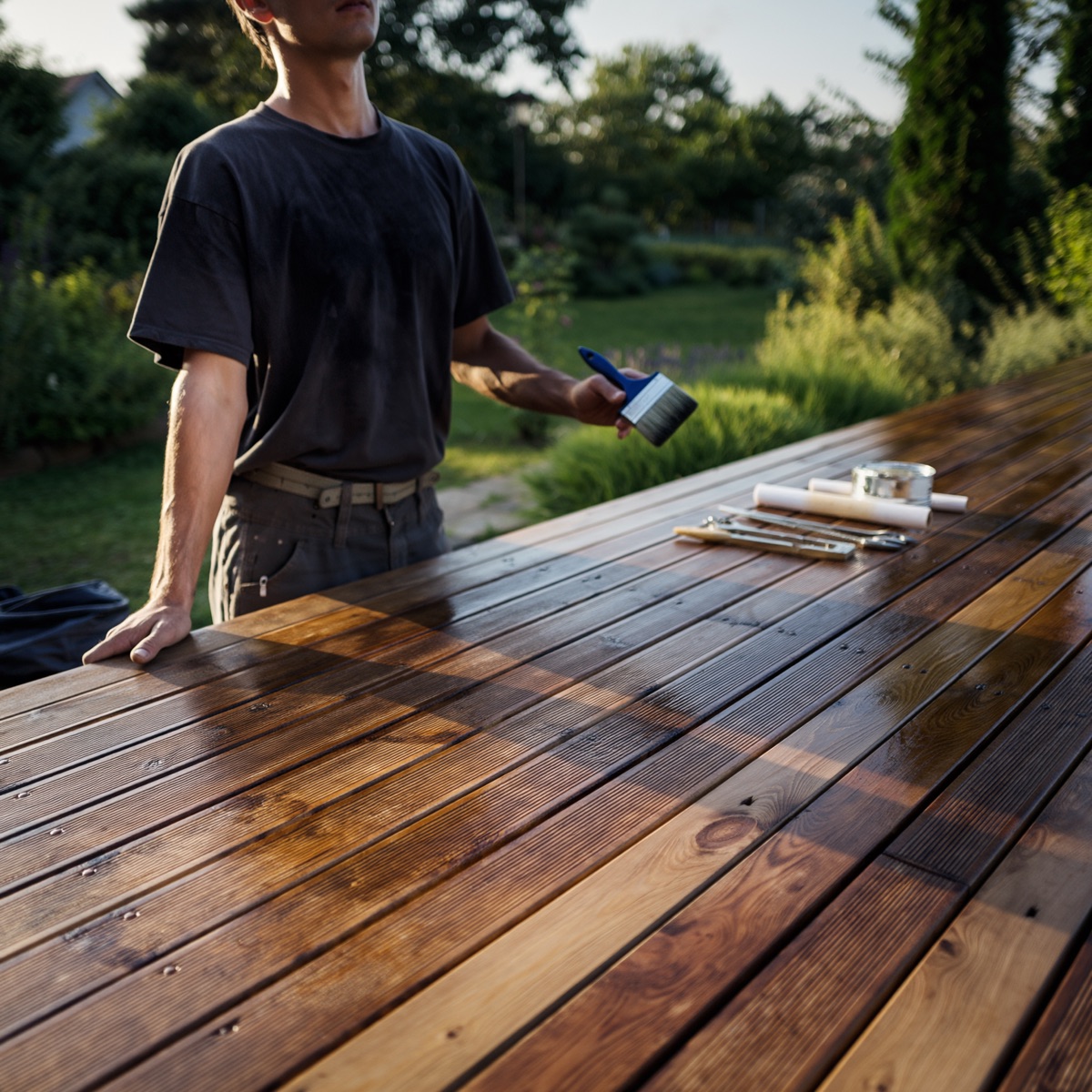 Painter staining a wood fence