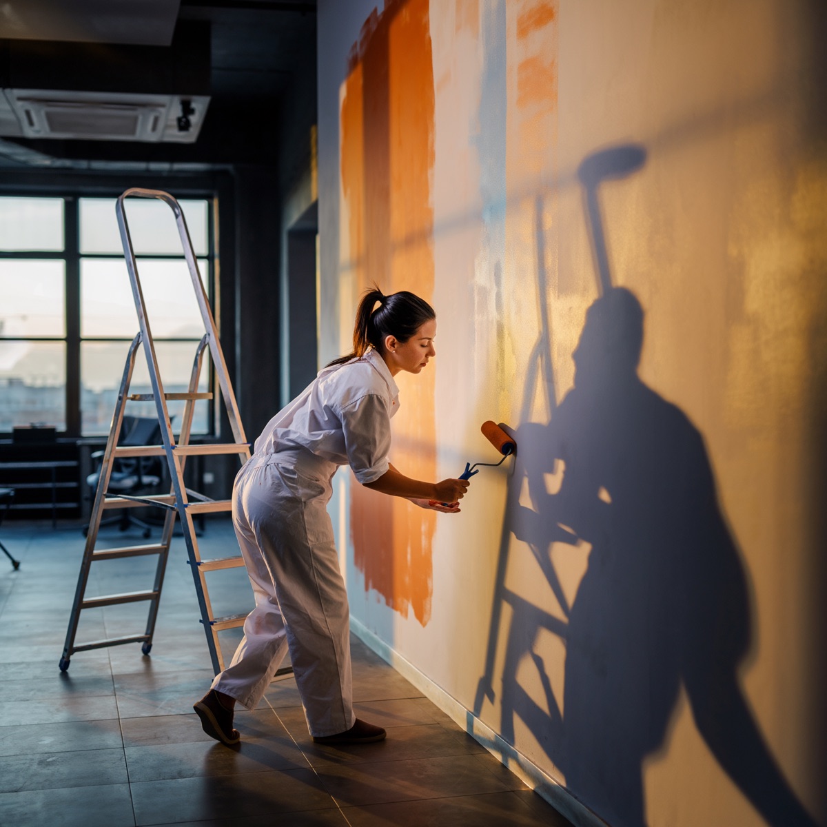 Painter rolling a commercial interior wall
