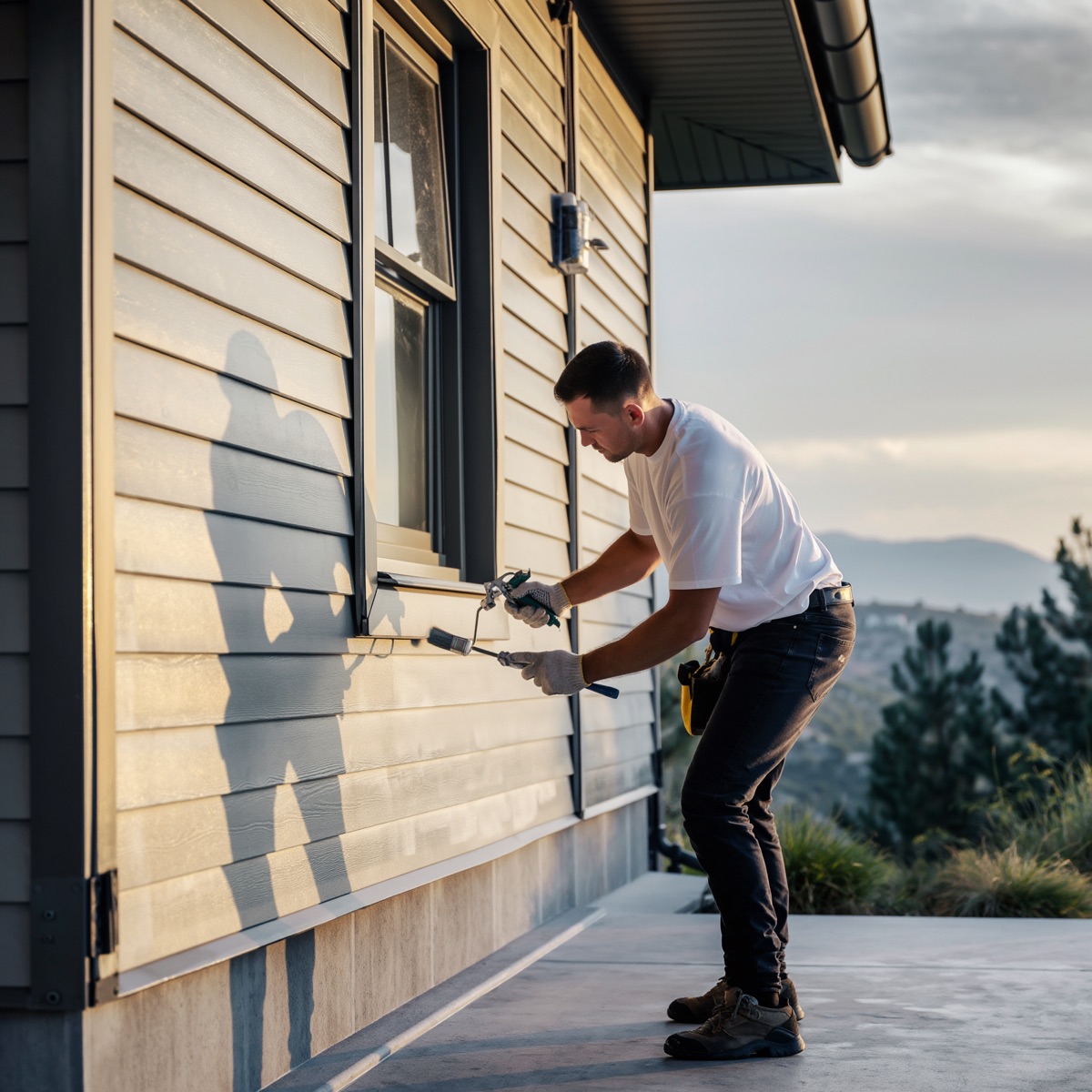 Painter refreshing home exterior trim