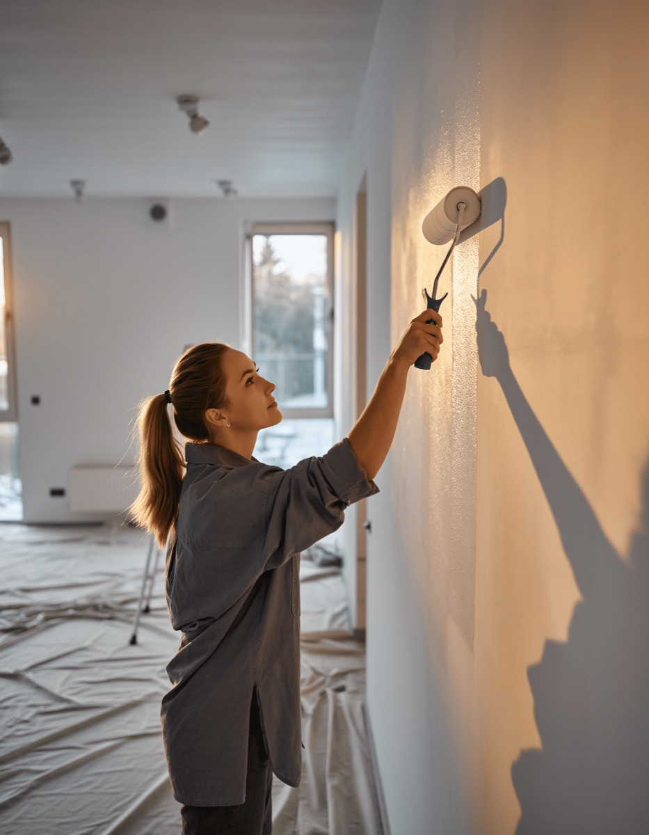 Painter rolling fresh paint on an interior wall